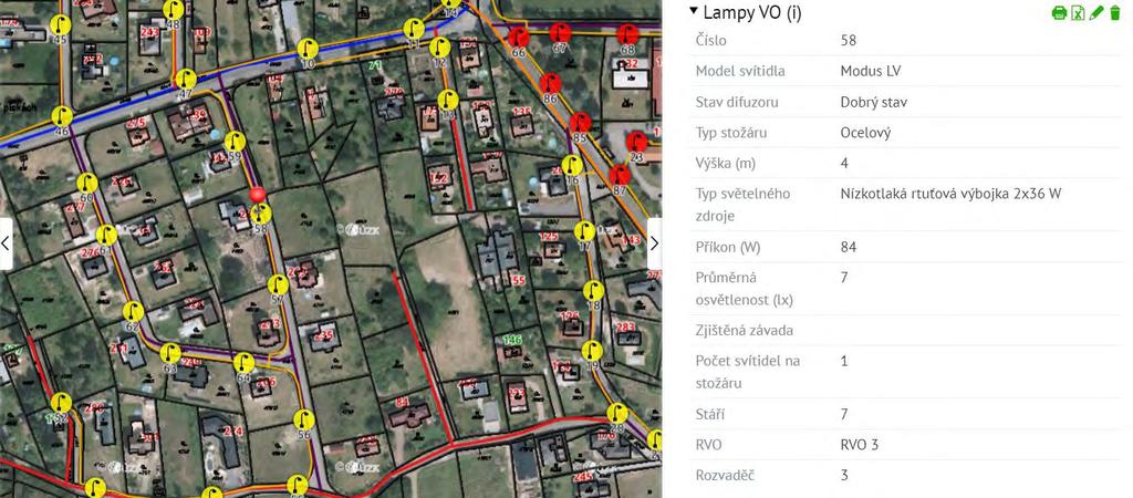 Pasport veřejného osvětlení Předmětem evidence je soustava veřejného osvětlení obce, jednotlivé světelné body, jejich umístění, popis, výkon a typ svítidel, kabelové vedení, rozvaděče, spínací body.