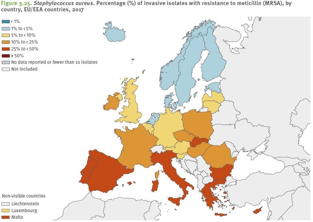 EARS Net databáze 2017: četnost kmenů MRSA z hemokultur; průměr EU : 16,9 %; Česko : 13,2 % Slovensko: 29,2 %
