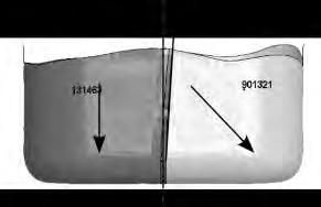6 Comparison of the weld line deviations; left simulation with the defined weld interface; right real deep-drawn part Obr.