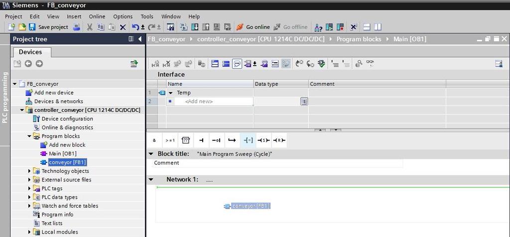 15. Nyní můžete přetáhnout blok "conveyor[fb1] do sítě Network 1 v bloku Main[OB1].