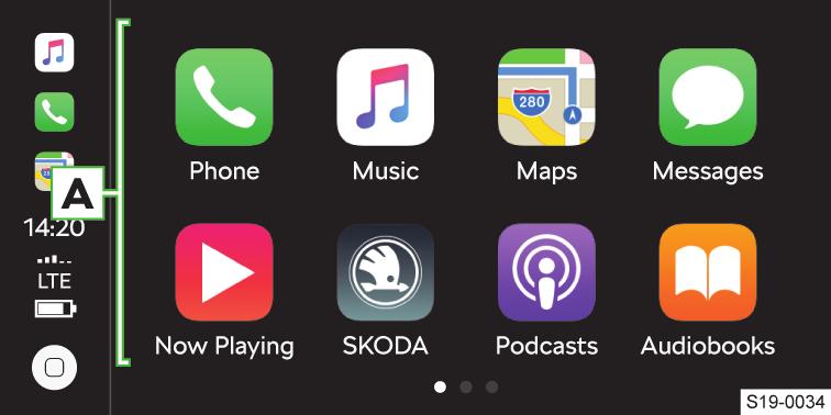 Hudební aplikace Zobrazení dalších dostupných aplikací a možnost návratu do hlavní nabídky SmartLink Zapnutí hlasového ovládání (Google Voice) Apple CarPlay A Seznam dostupných aplikací V závislosti