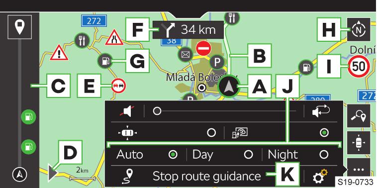112 Infotainment Columbus Navigace Přehled mapy A Poloha vozu B Trasa C Náhled trasy Ukončení navigování D Zobrazení nabídky zadávání cílů a náhledu trasy E Dopravní omezení F Následující navigační