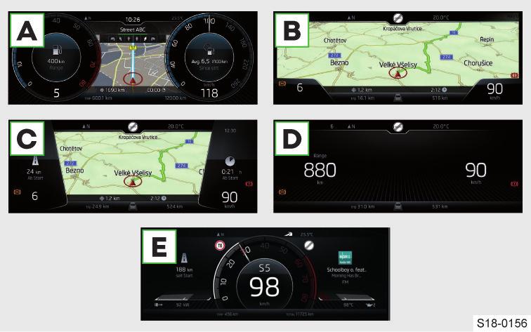 Digitální panel přístrojů Přehled A B C D E F Panel s kontrolními světly Ukazatel stavu nabití vysokonapěťového akumulátoru Ukazatel zásoby paliva Displej 5 možných variant zobrazení Doplňkové
