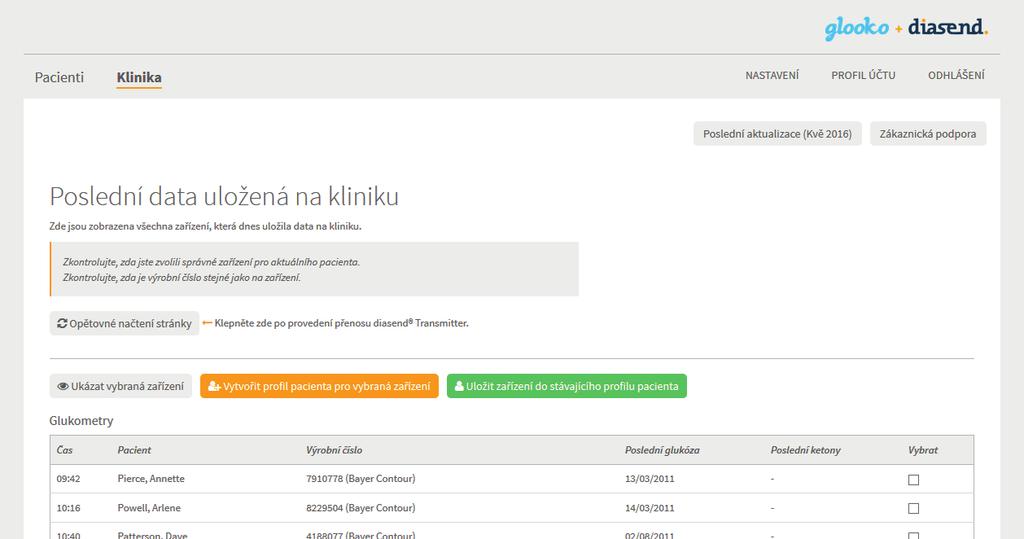 6 Zobrazení dat Klinika Na kartě Klinika je možné zobrazit data bez vytvoření profilu pacienta. Zaškrtněte políčko u uložených dat, která chcete zobrazit.