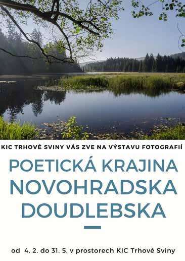 TRHOVOSVINENSKÉ LISTY 2/2020 STRANA 17 AKTUÁLNĚ Z KIC Program KIC únor a březen VÝSTAVY 4. 2. 31. 5. v prostorech KIC Trhové Sviny Poetická krajina Novohradska Doudlebska Výstava fotografií.
