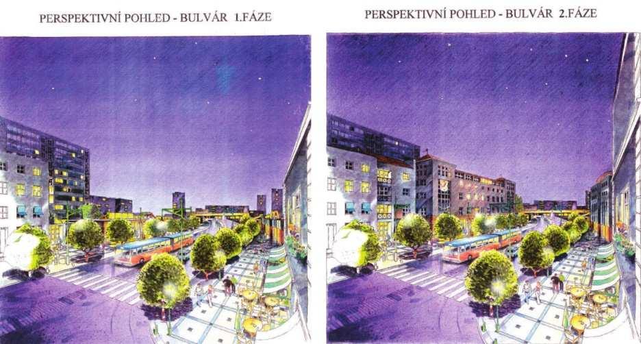 Bulvár - etapizace Výrazným prvkem navrhovaného Bulváru byl široký chodník, doplněný stromořadím a podélnými parkovacími stáními to vše umožňovalo naprostou proměnu charakteru stávajících
