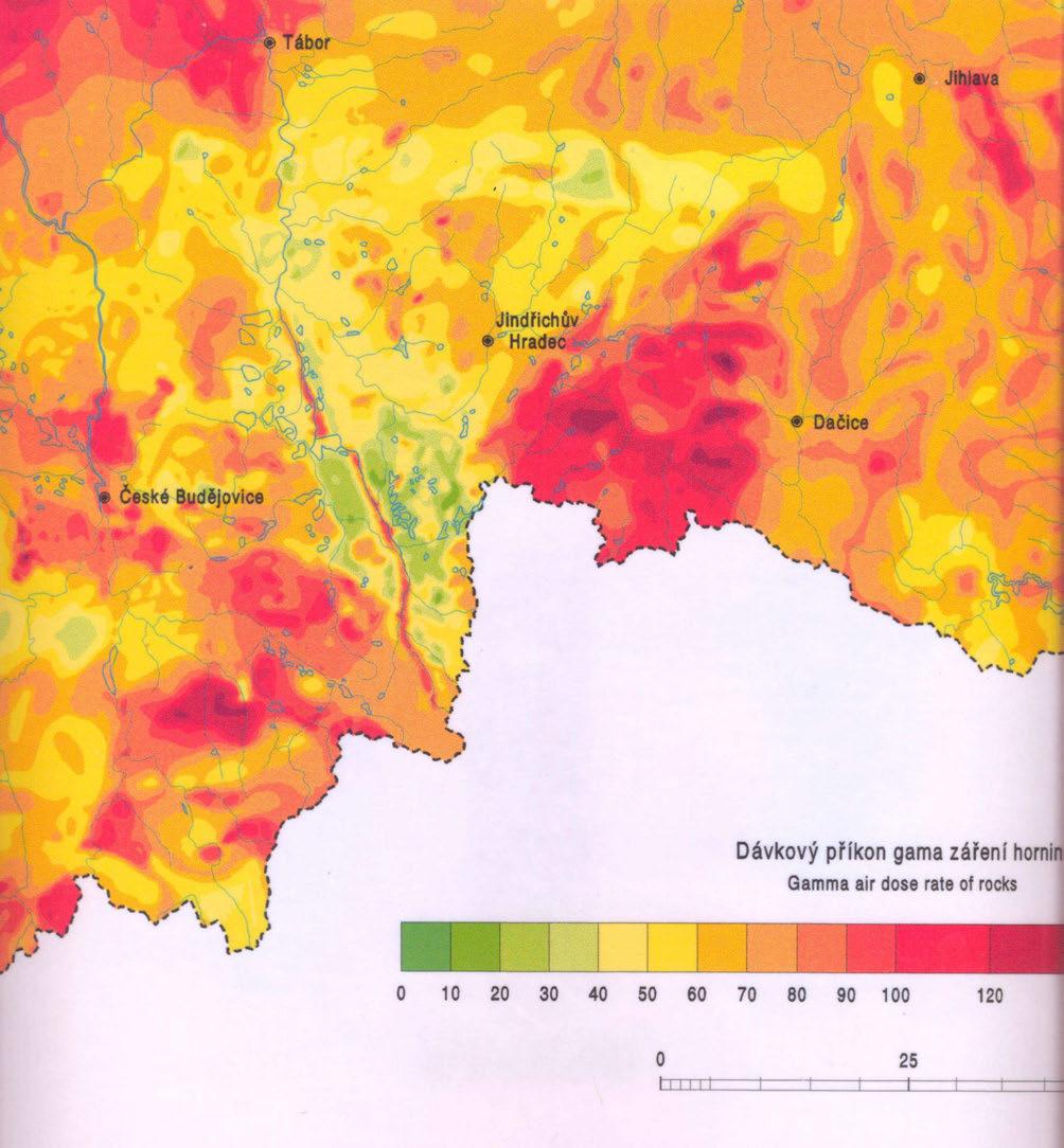 Radiometrická mapa ČR 1:500 000 Zvýšená radioaktivita sedimentů podél řeky Lužnice s akcesorickým monazitem a zirkonem se