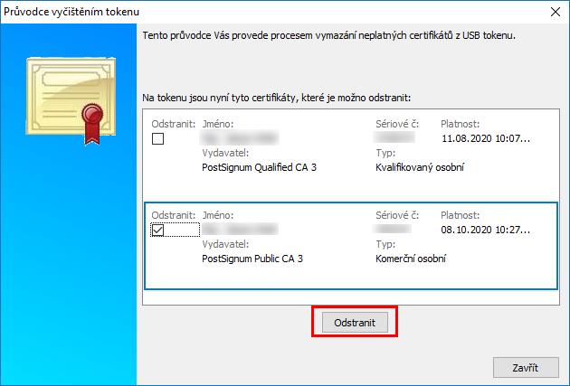 certifikáty). Spusťte program isignum, vyberte záložku s tokenem a stiskněte tlačítko Vyčistit.