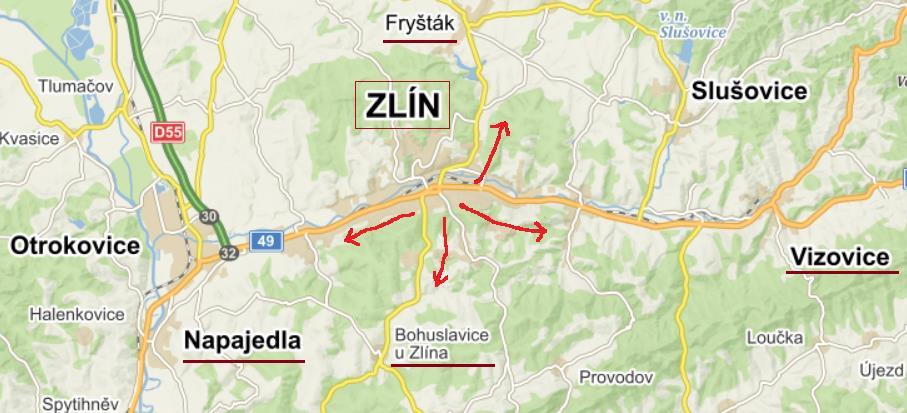 Obr. 1 Definice hlavních směrových tras jízd k zásahům na PS Zlín 4.