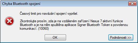 Následující rámeček se zprávou ukazuje stav, kdy se Signer snažil připojit k mobilnímu zařízení, ale v průběhu určitě doby se mu to nepodařilo (je to obdobná situace, jako když je překročen časový