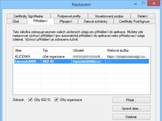 Úspěšně vytvořený účet se zobrazí v tabulce na kartě Přihlášení. Nyní aplikaci Signer ukončete a přihlaste se do ní znovu pod účtem, které jste vytvořili právě uvedeným postupem.