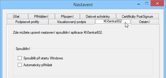 10.2. Nastavení Klíčenky602 po instalaci V okně Nastavení věnujte pozornost kartě Klíčenka602. Na ní lze nastavit a upřesnit, jak a kdy má být Klíčenka602 spouštěna.