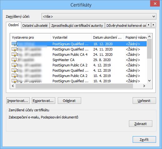 10.3. Použití Klíčenky602 v praxi Certifikát pro digitální podpis zpřístupněný pomocí Klíčenky602 bude viditelný a přístupný z úložiště Windows, ve složce s osobními certifikáty.