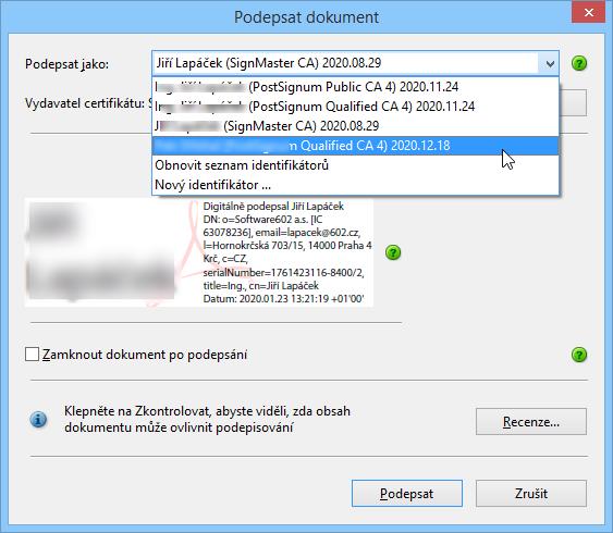Certifikát pro podpis z Klíčenky602 je k dispozici v úložišti Windows a lze jej proto kromě aplikace Signer používat i jinde, jako například v aplikacích od Adobe, dále v Microsoft Outlook a (bez