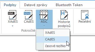 Signatura může být podle příkazové nabídky otevřené stiskem tlačítka ASiC vytvořena ve formátu XAdES, CAdES, nebo může být připojeno jen časové razítko.