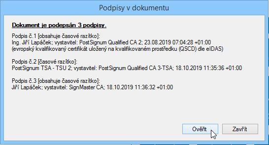 4.6. Ověření platnosti certifikátů Tato funkce umožňuje zjistit, zda je dokument podepsán digitálním podpisem a pokud ano, tak tento