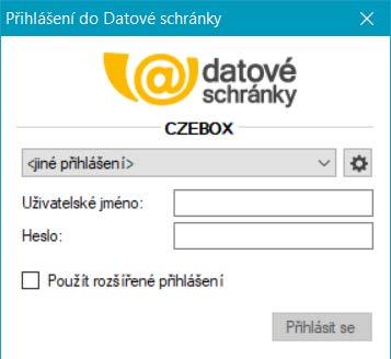 K přihlášení k datové schránce (nebo změně přihlášení k jiné datové schránce) slouží dialog Přihlášení do Datové schránky.