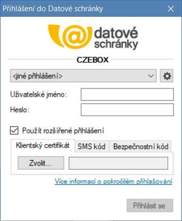 Datové schránky dialogu Nastavení a specifikovat tam přístup k další schránce. Jiné přihlášení zpřístupní nejjednodušší formu přihlášení ručním zadáním přístupových údajů.