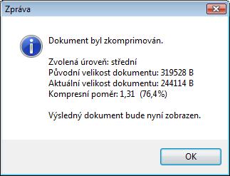 Tlačítkem otevřete dialog Komprese dokumentu, ve kterém je přepínač Úroveň komprese, umožňující volbu nízké, střední nebo vysoké úrovně komprese.