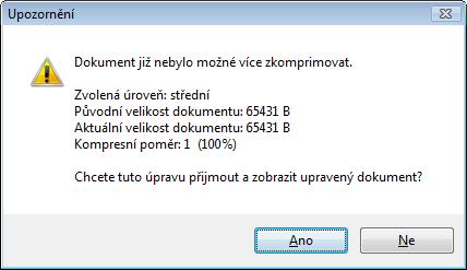 Pokud je dokument elektronicky podepsán, nelze jej komprimovat, neboť by byla porušena platnost podpisů. Existuje však možnost podpisy odebrat, dokument zkomprimovat a znovu pak podepsat. 6.3.