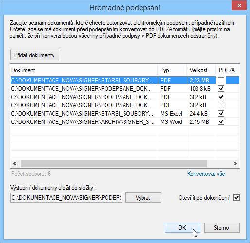 6.9. Hromadné podepisování dokumentů Větší množství PDF a Office dokumentů je možné najednou podepsat vybraným certifikátem v záložce Podpisy pomocí funkce Hromadně podepsat.