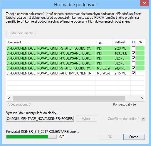 Klepnutím na tlačítko OK se otevře dialog pro výběr certifikátu, kterým chcete soubory podepsat. Po výběru a potvrzení volby se jednotlivé soubory podepíšou.