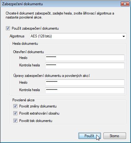 Políčko Povolit extrahování dokumentu zabezpečí kopírování částí dokumentu pomocí schránky (Clipboard) ve Windows.