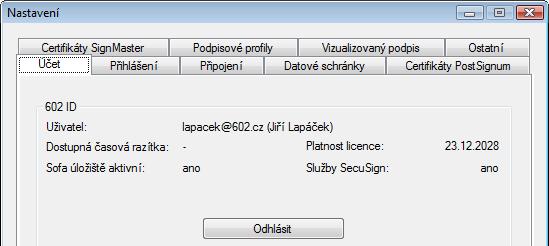 Informace o účtu Pod záložkou Účet se zobrazí informace s aktivním obsahem podle toho, zda se přihlašujete pomocí 602 ID účtu nebo pomocí firemního