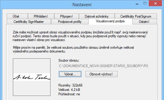 Předem si připravte soubor s podpisem vhodné velikosti (v některém z grafických formátů, například JPG či BMP). Klepnutím na tlačítko Vybrat se otevře dialog pro výběr souborů.