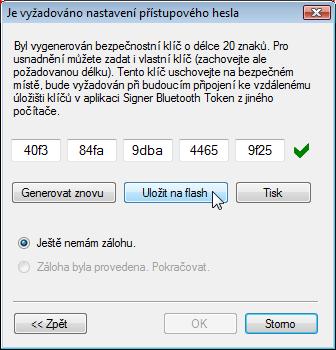 Tento klíč si uschovejte na bezpečné místo; bude vyžadován například pro připojení ke vzdálenému úložišti certifikátů v aplikaci Signer Bluetooth Token z jiného zařízení, než je to, se kterým právě