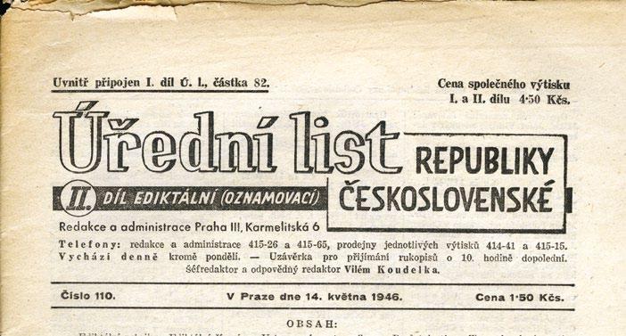 III. kapitola: 1945 1989 Vyhláška ministra průmyslu z roku 1946, kterou byly zřízeny Středočeské elektrárny, národní podnik.