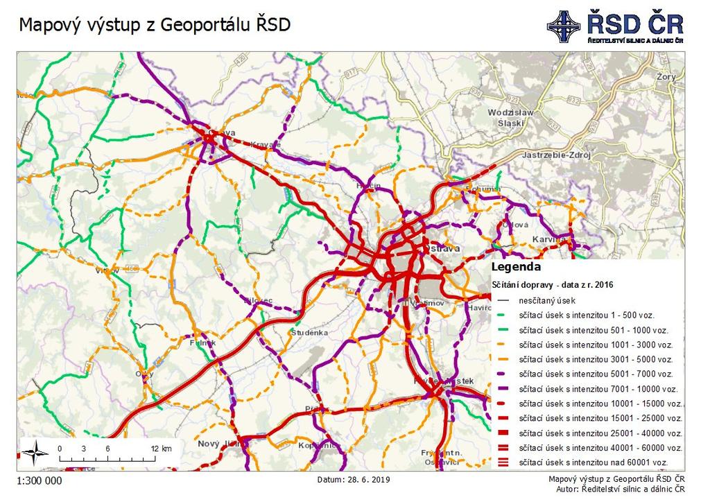 Na níže uvedené mapě je znázorněna intenzita dopravy v roce 2016 na jednotlivých sčítaných komunikacích. Intenzita je rozlišena barevně dle jednotlivých intervalů velikosti intenzity dopravy.