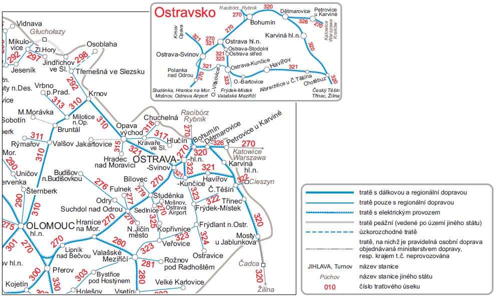 Obrázek 13 - Mapa železniční sítě v Moravskoslezském kraji Zdroj: Železniční mapy ČR, Mapa zveřejněná v knižním jízdním řádu, http://www.szdc.cz/o-nas/zeleznicni-mapycr.