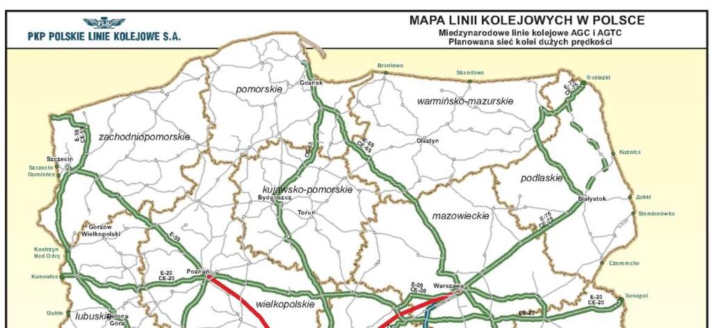 Obrázek 14 - Mapa železničních tratí v Polsku, mezinárodní tratě AGC, AGTC Zdroj: http://www.plk-sa.
