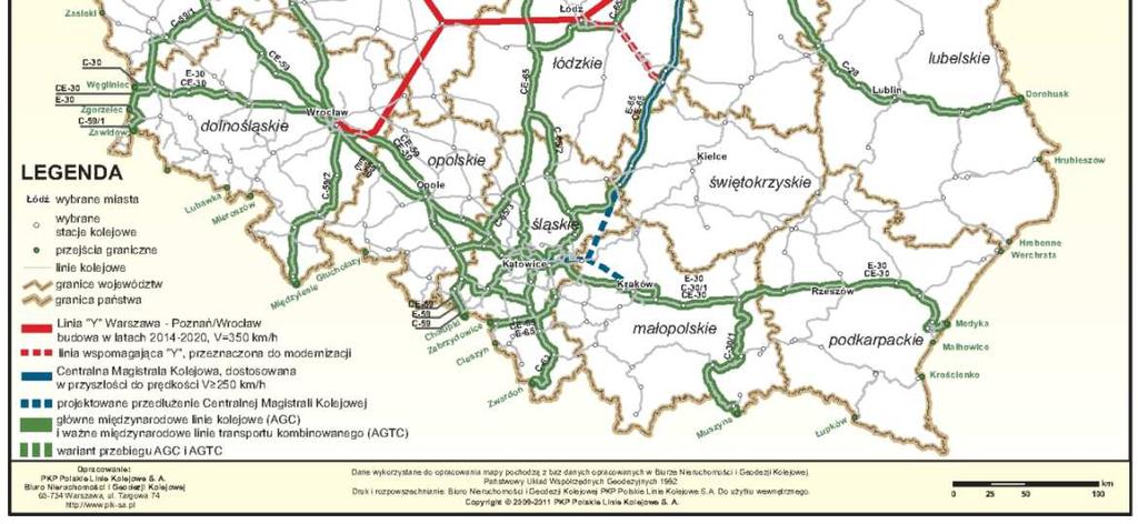 východ-západ, z čehož tři magistrální železniční tratě jsou zařazeny do mezinárodní sítě E (AGC): - E30 Drážďany Zgorzelec Vratislav Katovice Krakov Medyka Lvov Kyjev