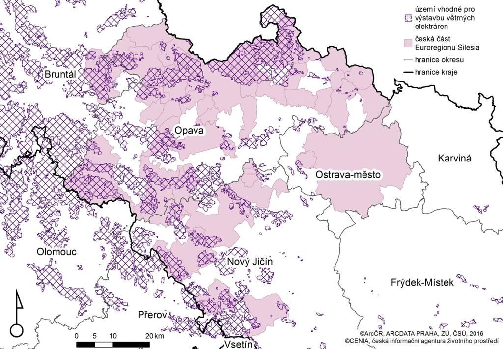 Obrázek 24 Území vhodné pro výstavbu větrných elektráren Zdroj: CENIA, česká informační agentura životního prostředí, vlastní zpracování B.