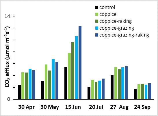 The negative effect of raking on in CO2 efflux observed in the previous year was not confirmed for this year. Pasture did not affect CO2 efflux in any year.