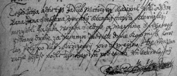 Obr. 2: Záznam v gruntovní knize panství Zdechovice z dubna 1620, kterým Jan Štefan Vrábský prodává dominikální pozemky svému poddanému a tento převod stvrzuje vlastnoručním podpisem (později