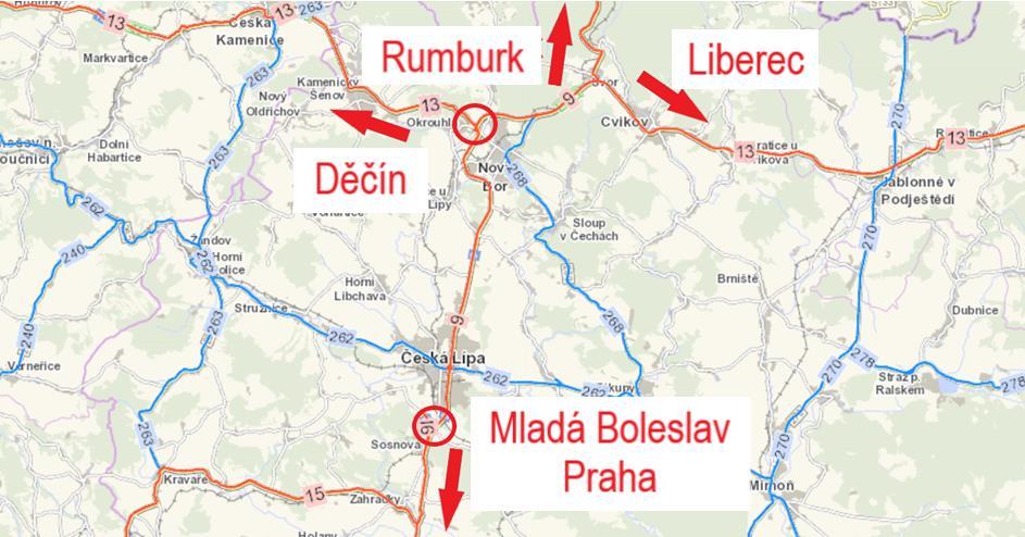 společně se silnicí I/13 směrem na Liberec a na úrovni obce Cvikov se odpojuje a pokračuje na město Rumburk. Na Liberec pak komunikace pokračuje jako silnice I/13.