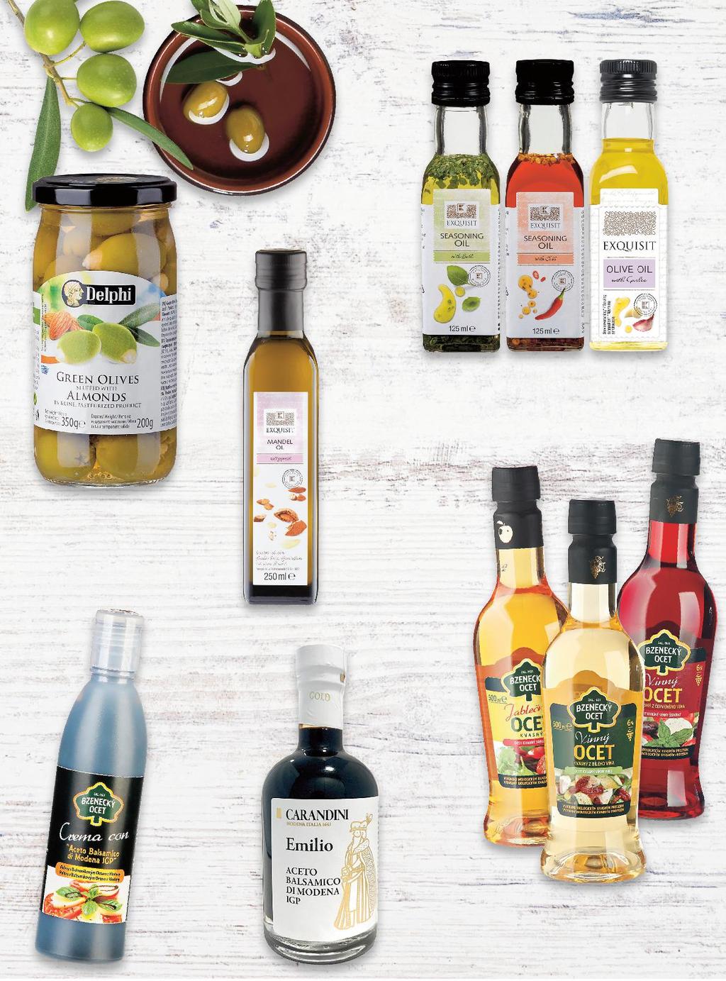 TRVANLIVÉ Olivový olej 125 ml (=100 ml 31,92) 39,90 DELPHI Zelené olivy s mandlí 350 g/200 g (= 14,95) - 25% 39,90 29,90 Olej mandlový/ avokádový 250 ml (=100 ml 51,96) 129,90 BZENECKÝ OCET Aceto