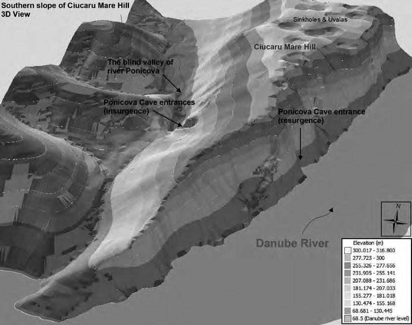 Obr. 1 3D model masivu hory Ciucaru (Suru 2008) Fig. 1 3D model of the Ciucaru Hill (Suru 2008) je 300 m, denivelace +40 m.
