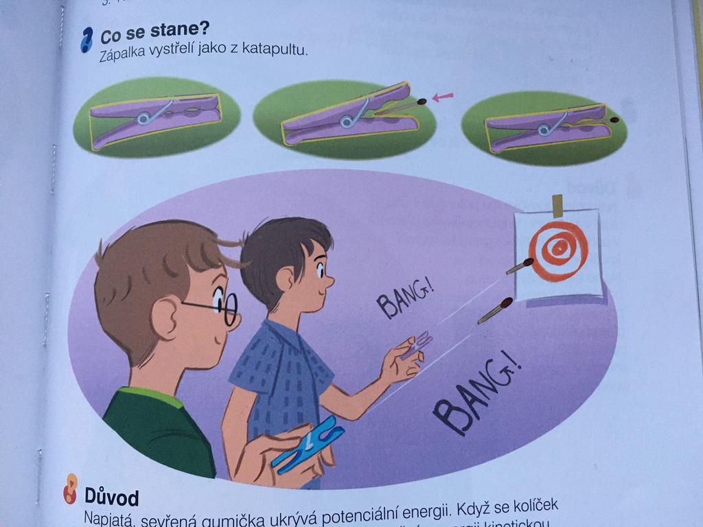 POKUS Katapult z kolíčku Pomůcky: kolíček na prádlo, gumička, zápalka Postup: 1) Natáni gumičku přes kolíček. 2) Rozevři kolíček, zápalkou vtlač dovnitř gumičku a kolíček stiskni.
