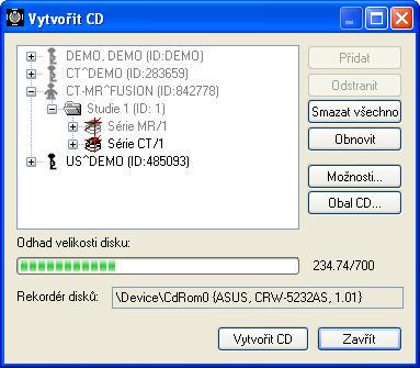 V případě potřeby můžete dialog Vytvořit CD zavřít tlačítkem Zavřít a ponechat si tak připravené studie na archivaci. Při opětovném otevření tohoto dialogu (např.