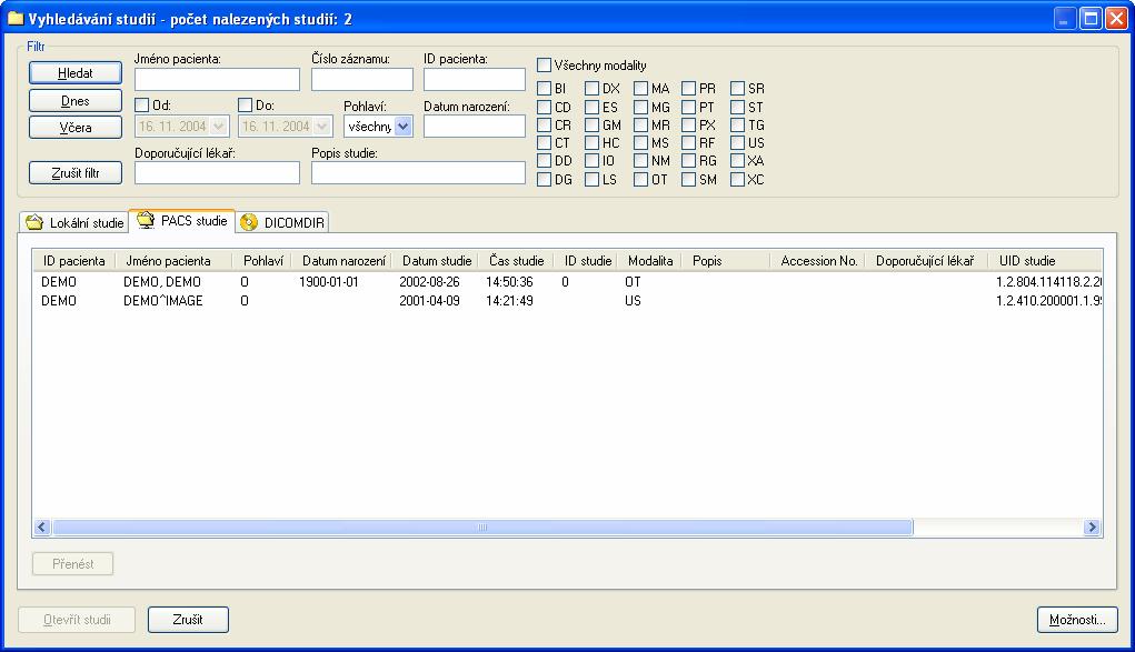 obr. 34 Dialog Vyhledávání studií na PACS serveru 3.3.5 DICOMDIR Jakékoliv údaje uložené v DICOM formátu, ať už na CD, HD nebo sdíleném síťovém serveru, mohou být otevřeny prostřednictvím záložky DICOMDIR (viz obr.