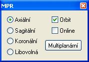 3.12 MPR MultiPlanární Rekonstrukce MPR zobrazují řezy v těle pacienta podle definované roviny řezu. Jsou vypočítány na základě originálních snímků pacienta vybrané série. Pomocí dialogu MPR (viz obr.