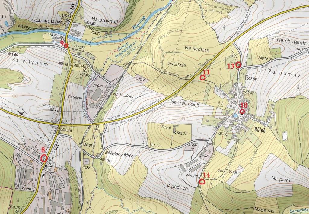 Obr. 104 Mapka křížků v katastru Bělče a v dolní části Těšovic Obr. 105 13.