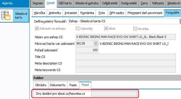 2) se v seznamu položek zobrazí jako hlavní, proklikávací karta. 3.7 ÚDAJE PRO SERVERY ZBOZI.CZ A HEUREKA.CZ ABRA e-shop podporuje generování feedu pro servery www.zbozi.
