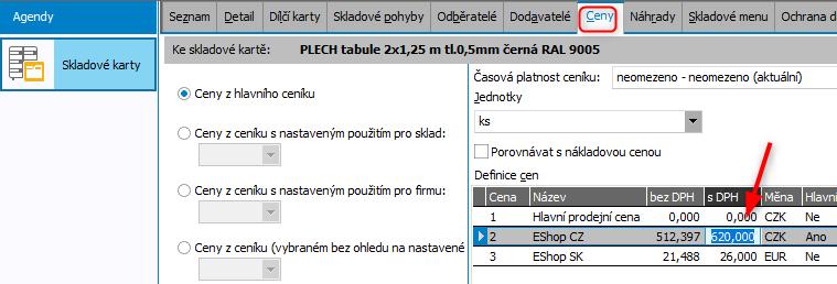 1 ZADEJTE DVA ÚDAJE NA SKLADOVÉ KARTĚ a) Ve vlastnostech skladových karet, které si přejete zobrazit v e-shopu, zatrhněte volbu Zobrazit na eshopu, kterou naleznete