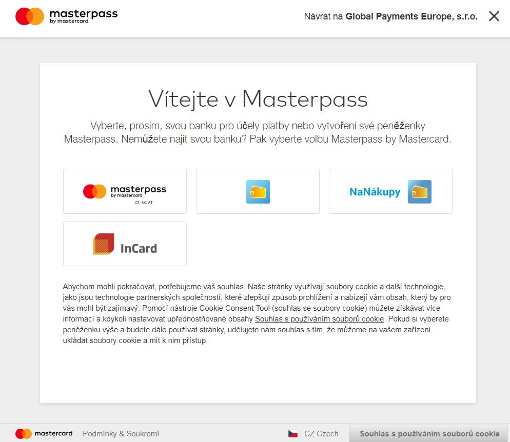 Obr. 4: Stránka pro výběr země a digitální peněženky Masterpass V případě zákazníka z České republiky je k dispozici např. mobilní digitální peněženka Masterpass AT CZ SK.