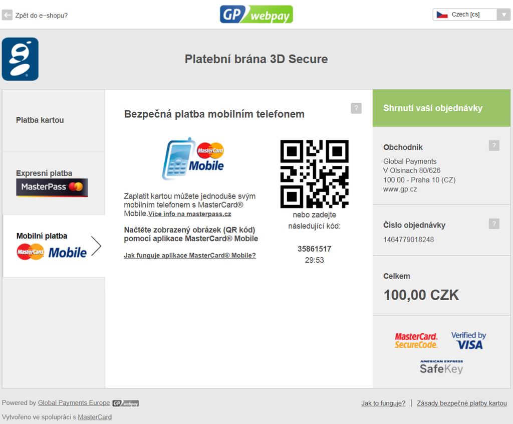 Pro platbu přes Mastercard Mobile zákazník klikne na tlačítko Mobilní platba Mastercard Mobile. Zobrazí se QR kód (viz obr. č.